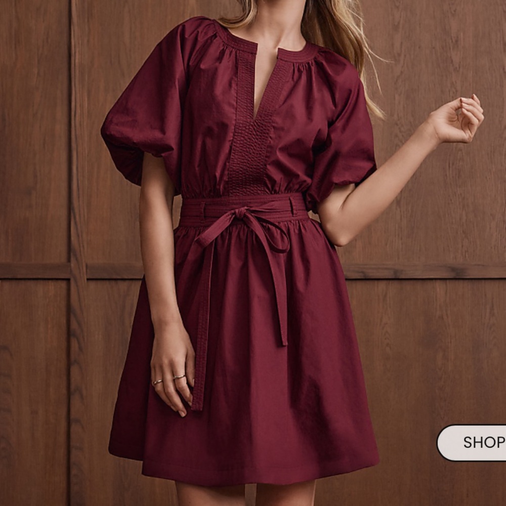 NWT LOFT Poplin Balloon Sleeve Burgundy Mini Dress